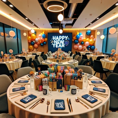 Colorful New Year's party setting with tables, cutlery, balloons and mugs