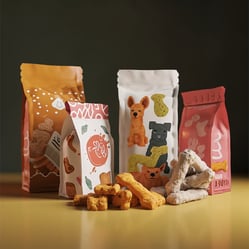 Colorful bags of dog treats with some unwrapped, yogurt-covered milk bones in front to show the bags' contents