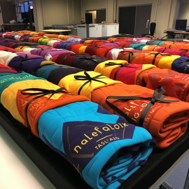 Branded blankets in different colors with same logo spread across tables at an event, with bows around them