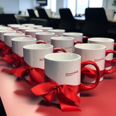 Branded red and white mugs with red bows around them