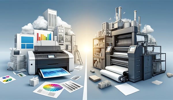 Digital printer on the left showing single-sheet prints, offset printer on the right showing that a roll of paper gets fed through