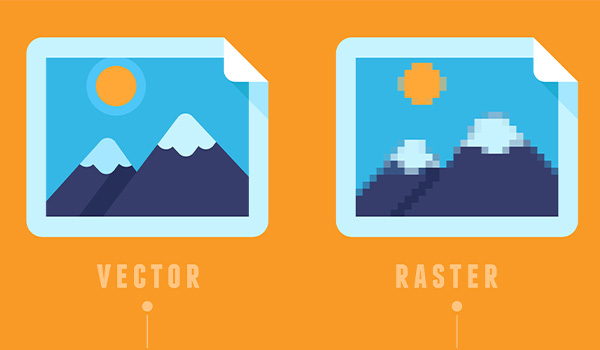 Comparison of simple mountain graphic as vector and raster to show differences and pixelation in raster image