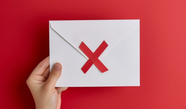 Envelope with red X taped over it indicating a mistake